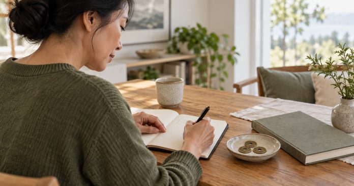 How to Ask Clear, Useful Questions in an I Ching Reading Woman writing a question in a notebook beside three coins and a closed book