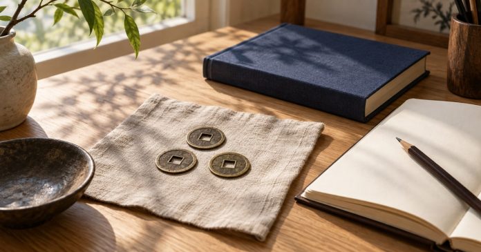 Three brass coins beside a closed book and blank notebook for an I Ching reading