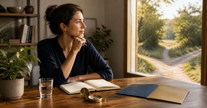 Person comparing options with a journal and compass